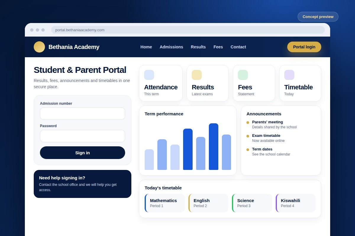 Design preview of the Bethania Academy school portal